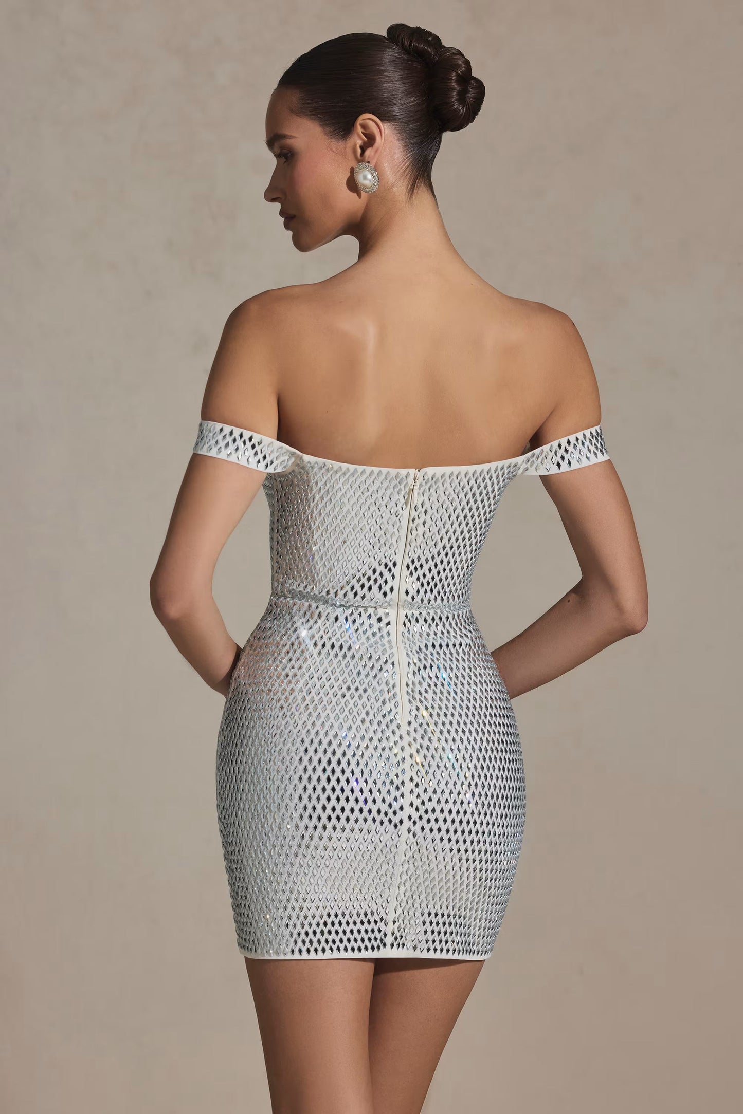 Embellished Off-Shoulder Mini Dress in White