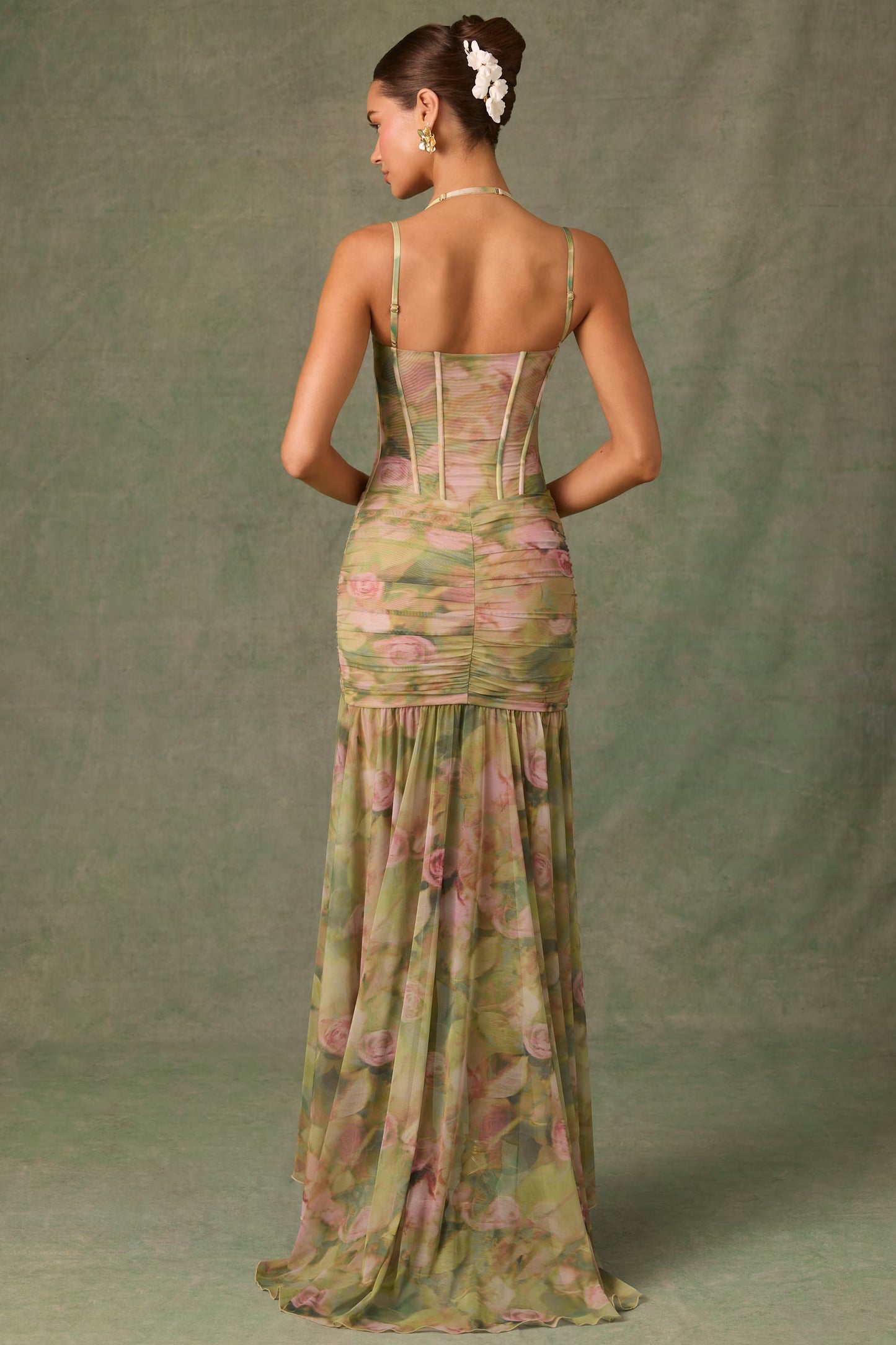 Ruched Asymmetric Corset Gown in Floral Multi Print