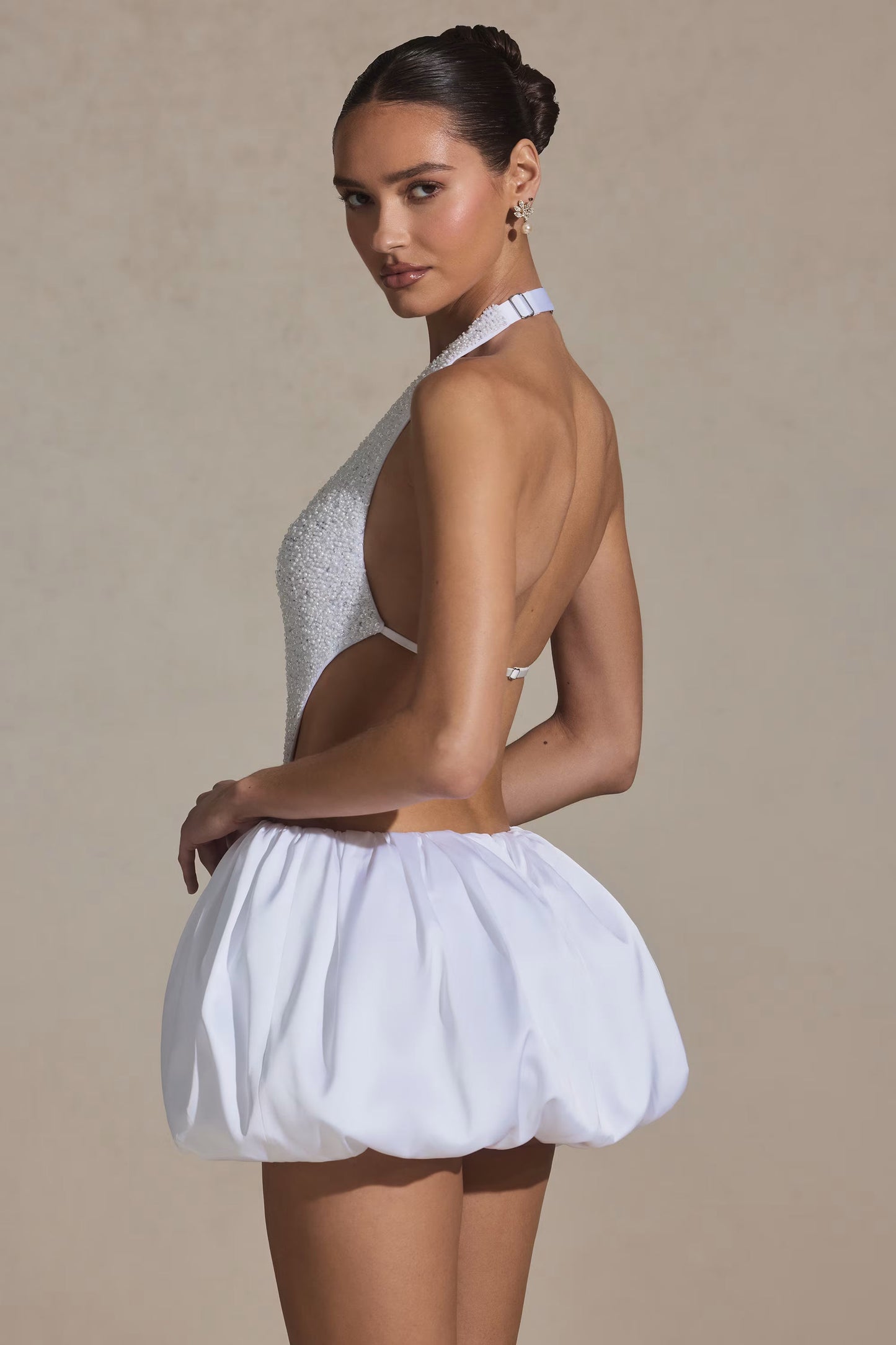 Embellished Cut-Out Bubble Hem Mini Dress in White