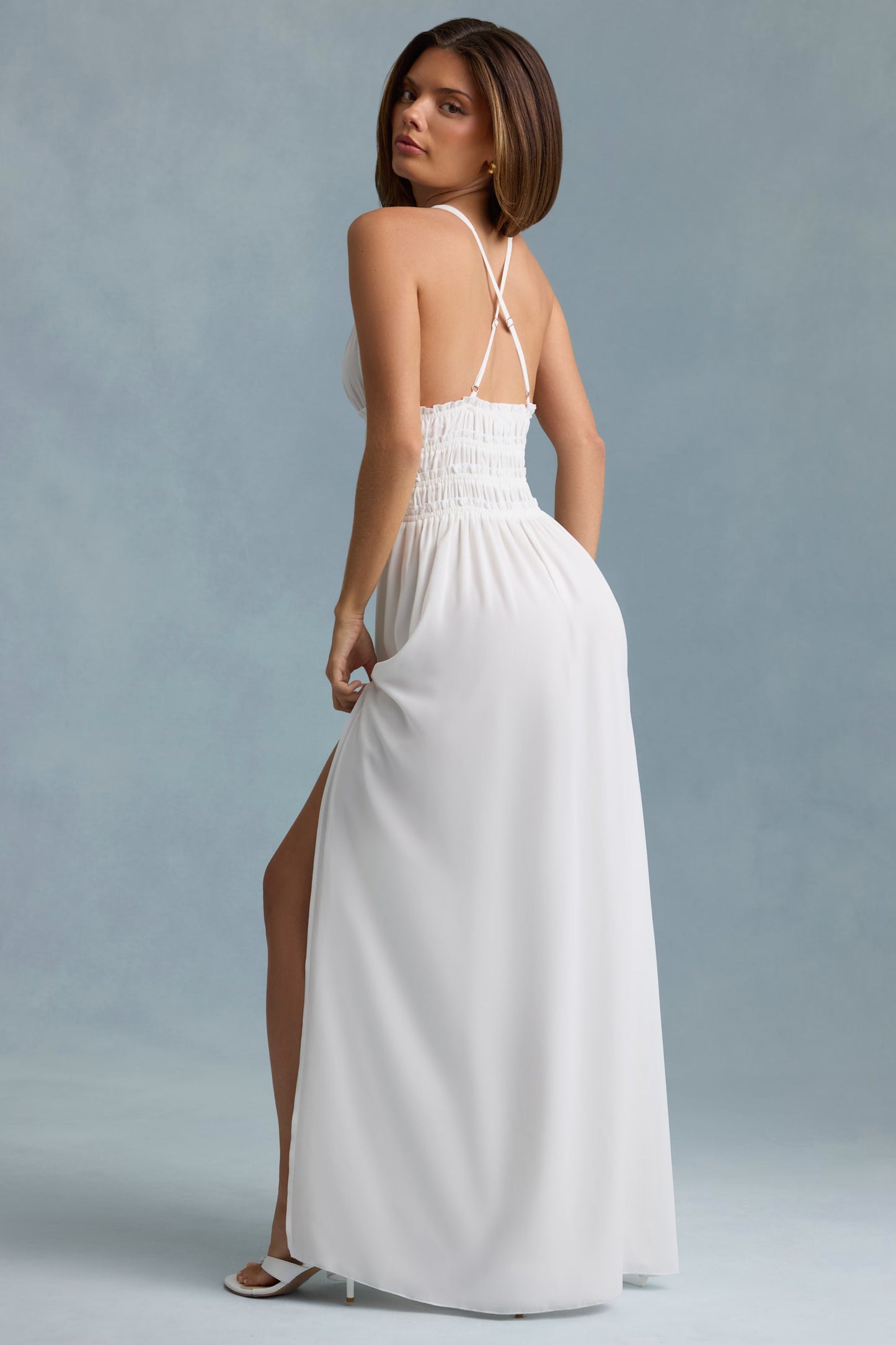 Plunge Cross-Back Maxi Dress in White