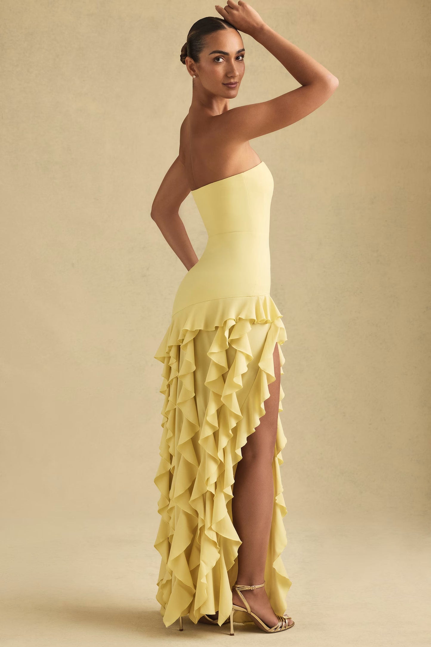 Ruffle-Trim Strapless Gown in Pastel Yellow