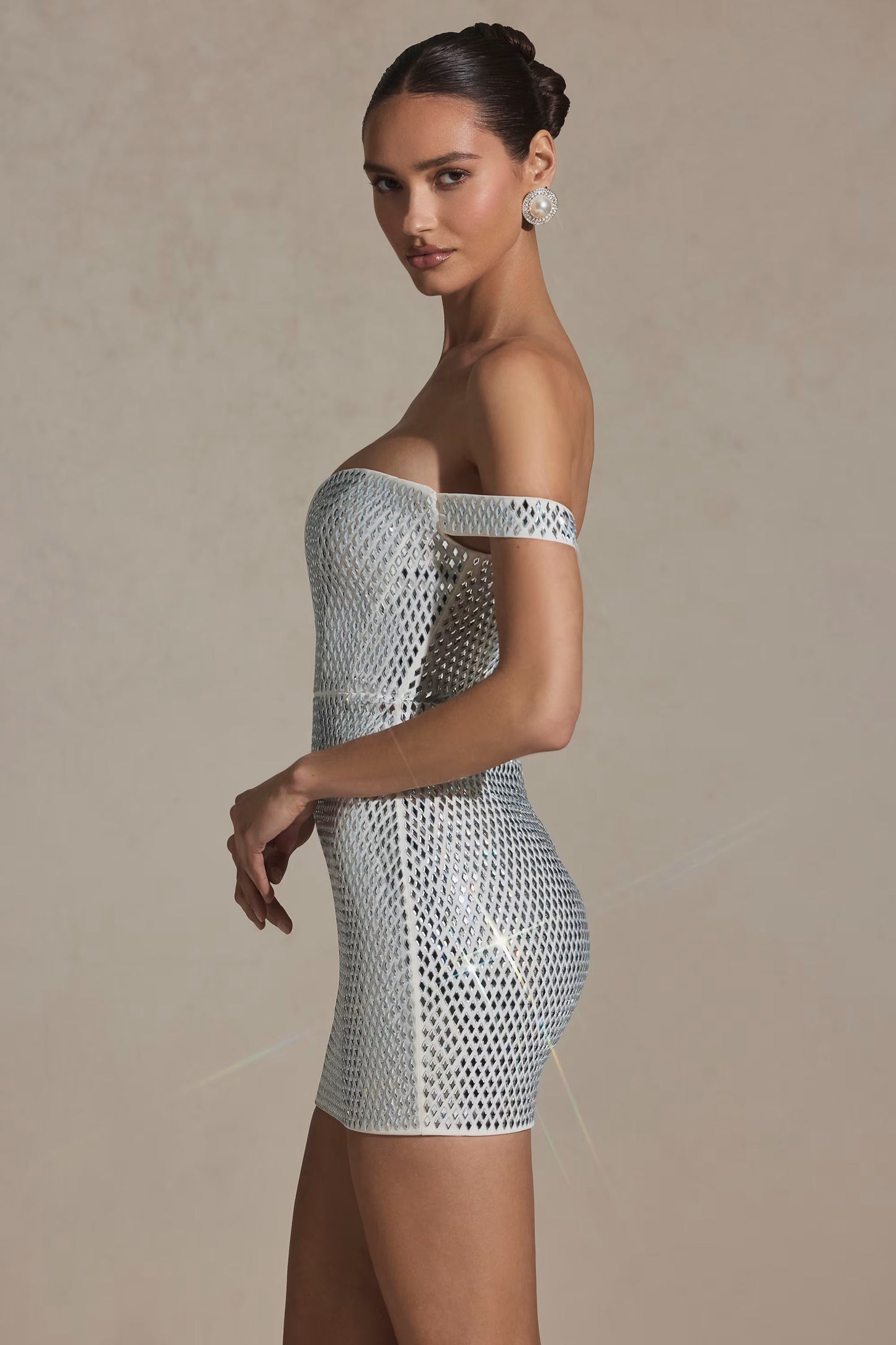 Embellished Off-Shoulder Mini Dress in White