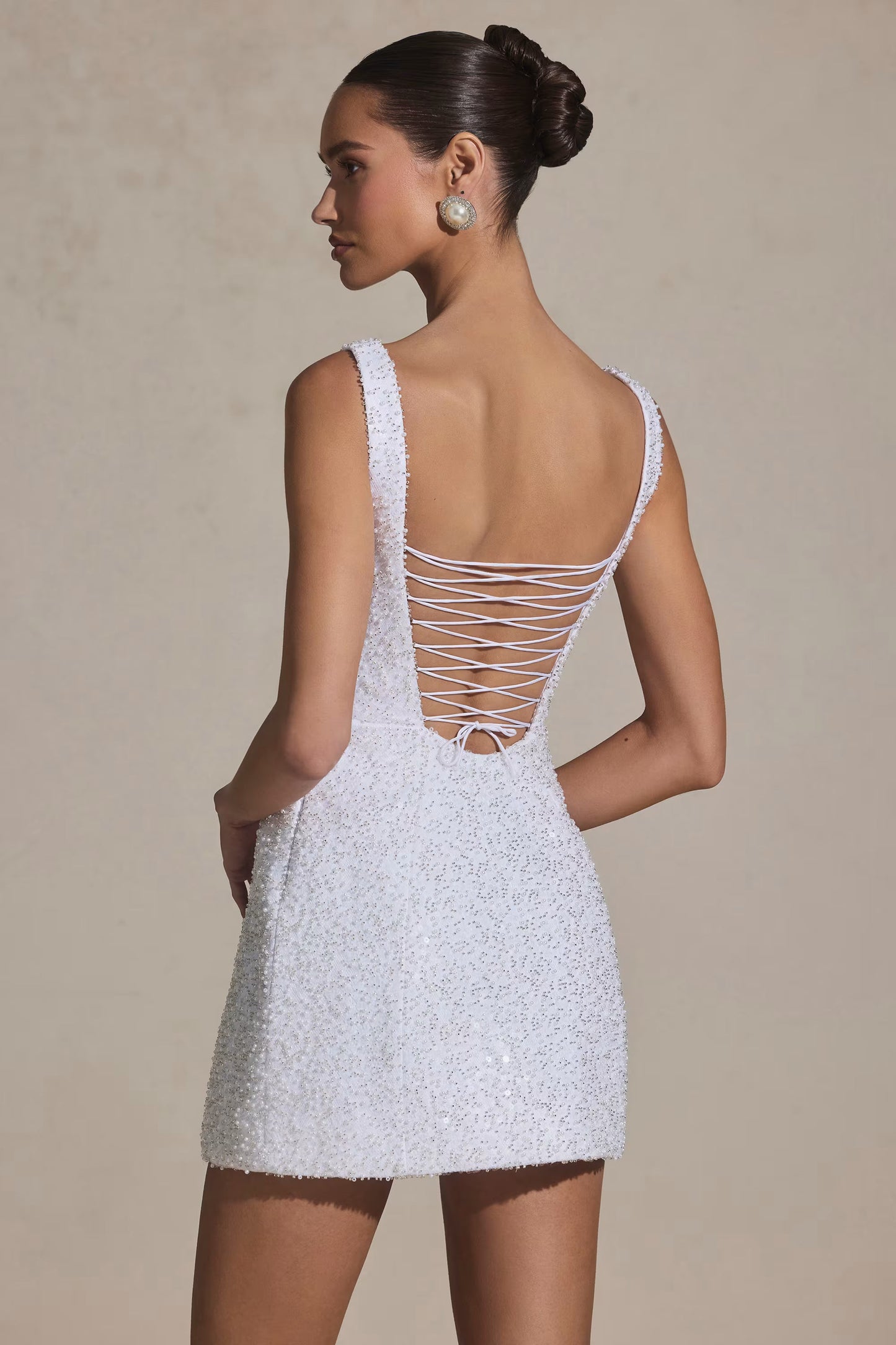 Embellished Structured A-Line Mini Dress in White