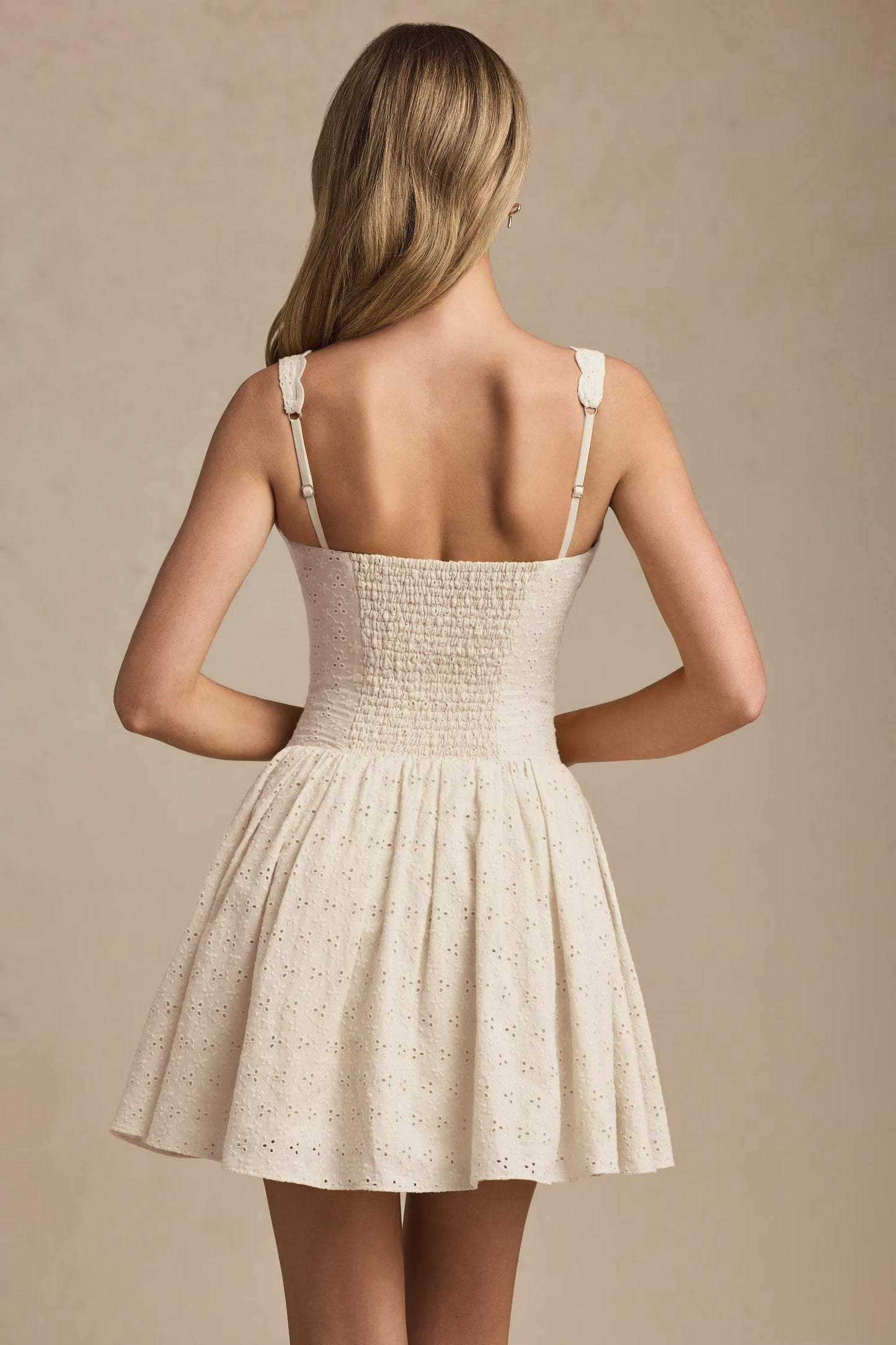 Broderie Anglaise Bow-Detail A-Line Mini Dress in Ivory