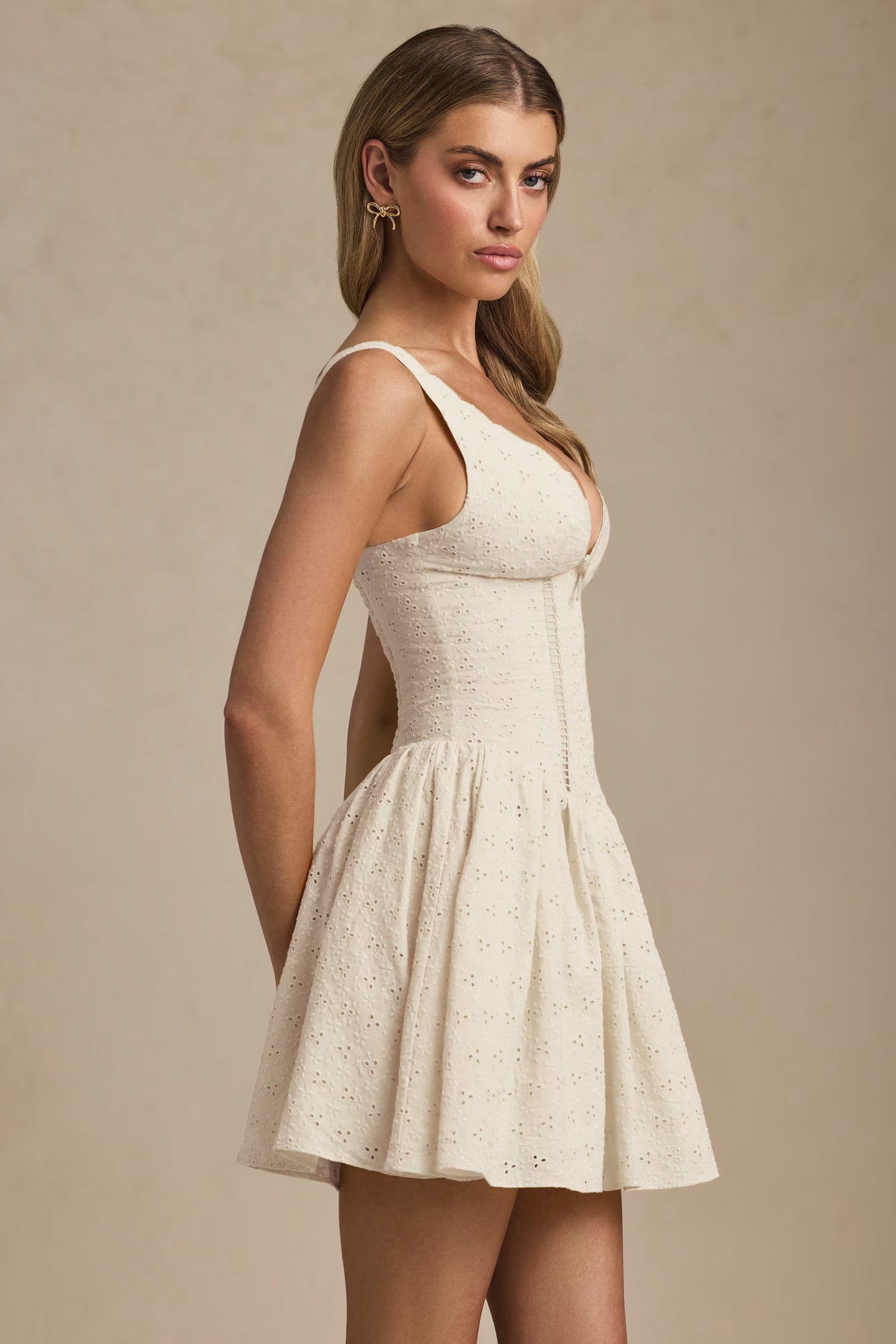 Broderie Anglaise Bow-Detail A-Line Mini Dress in Ivory