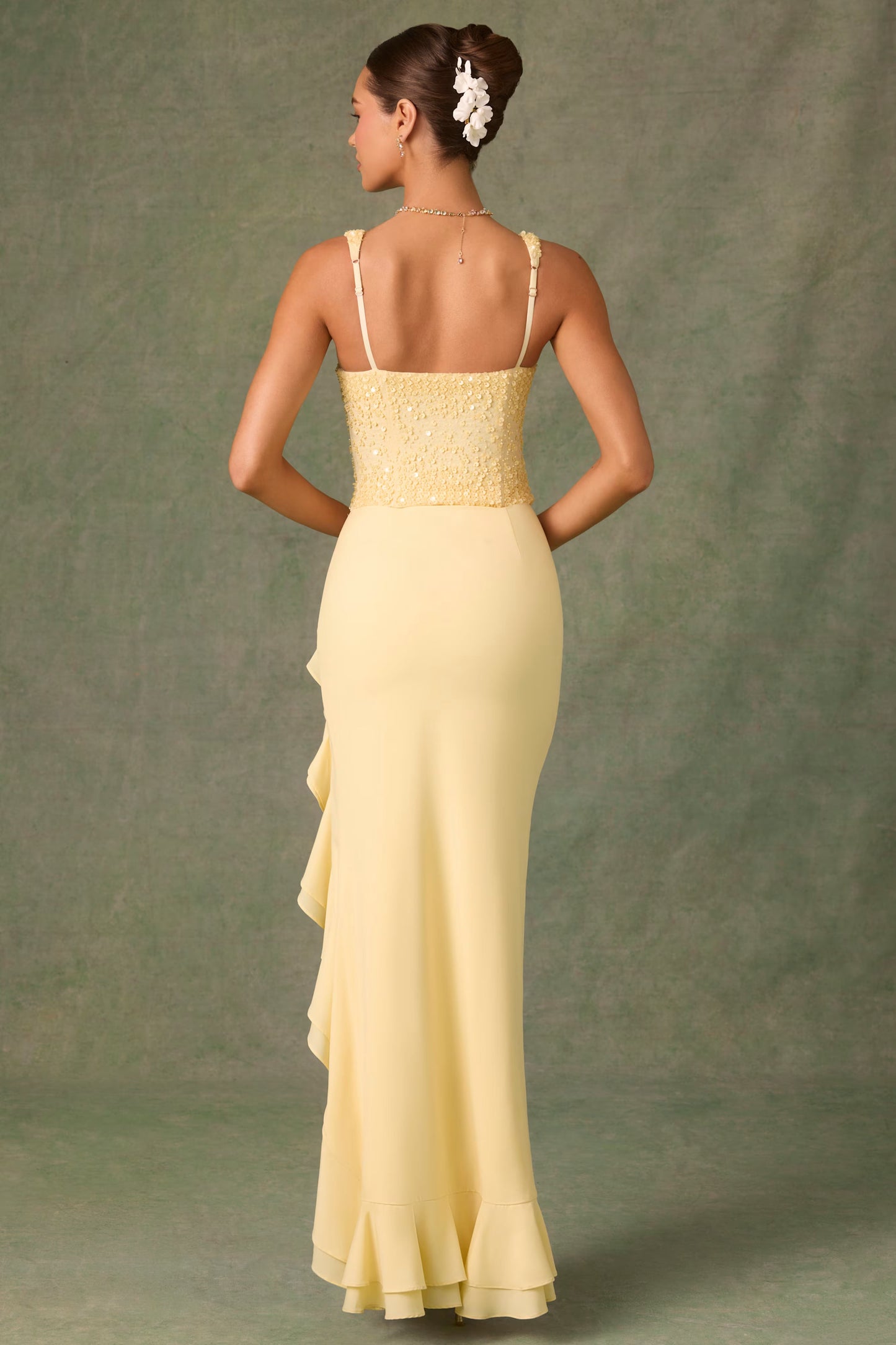 Embellished Ruffle-Trim Corset Gown in Yellow