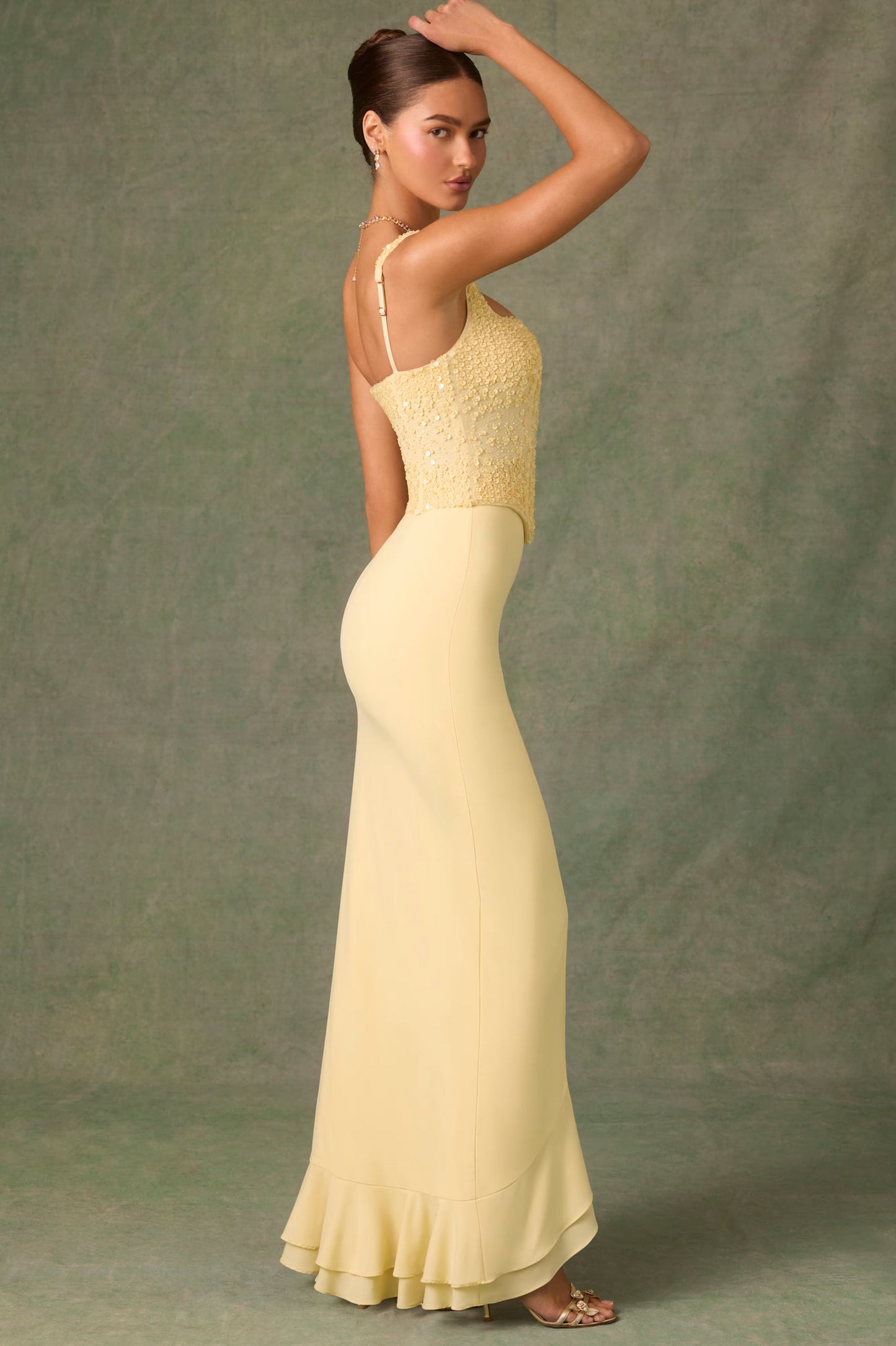 Embellished Ruffle-Trim Corset Gown in Yellow