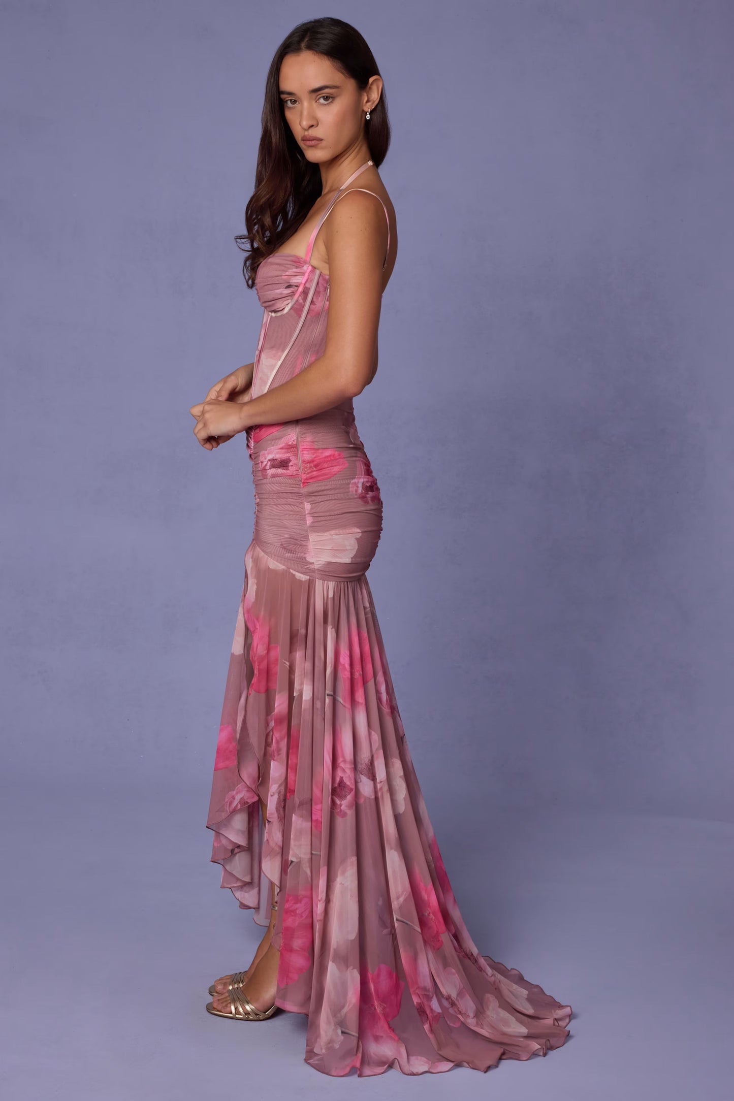 Ruched Asymmetric Corset Gown in Blurred Floral