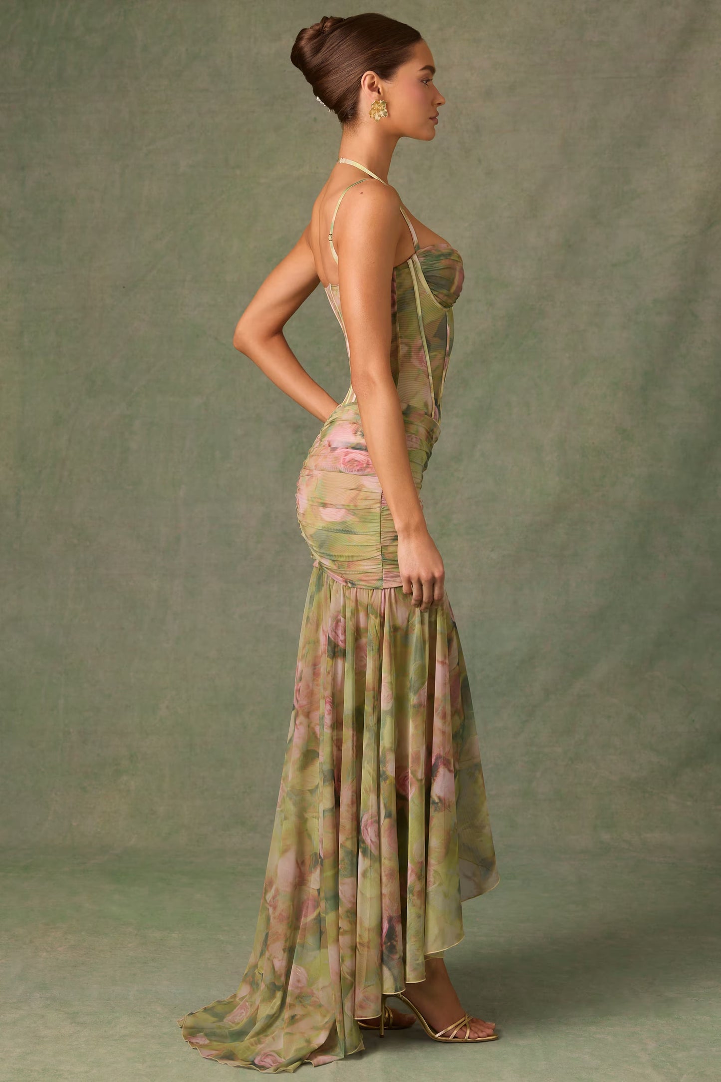 Ruched Asymmetric Corset Gown in Floral Multi Print