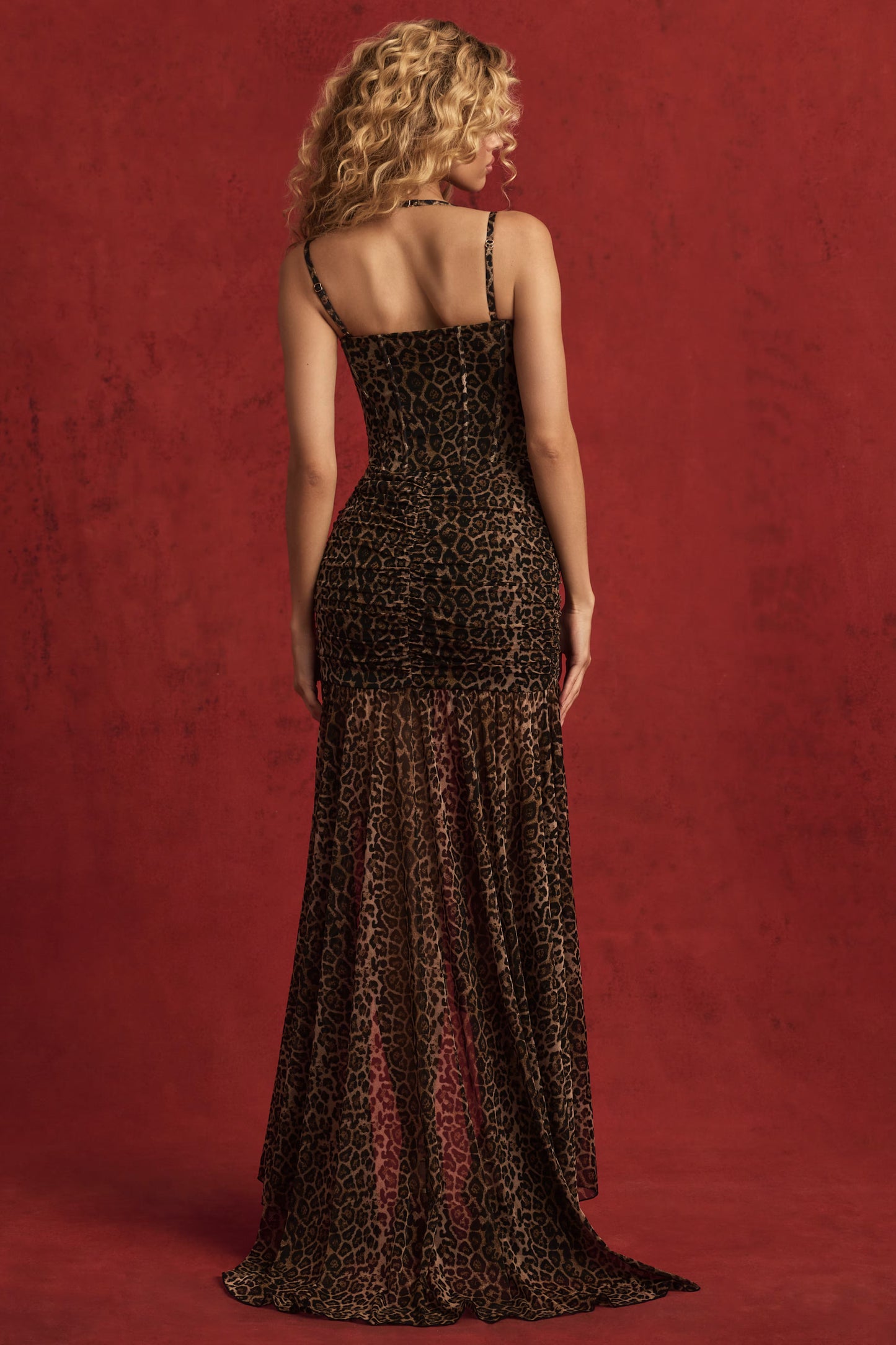 Ruched Asymmetric Corset Gown in Leopard Print