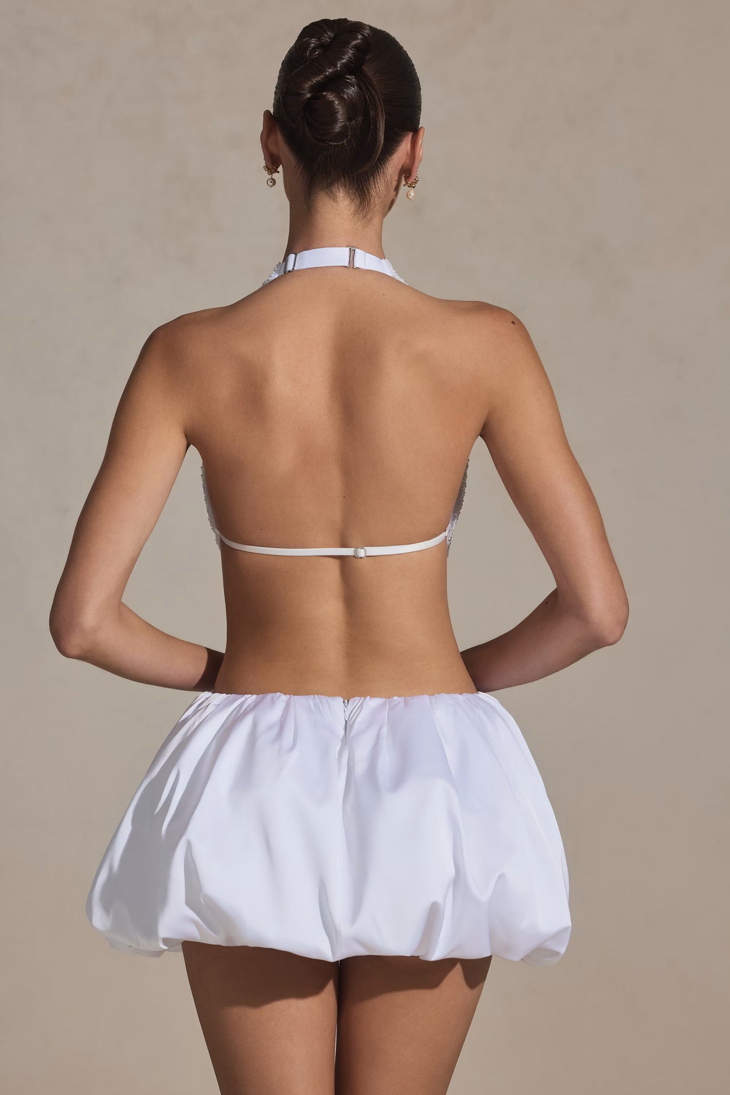 Embellished Cut-Out Bubble Hem Mini Dress in White