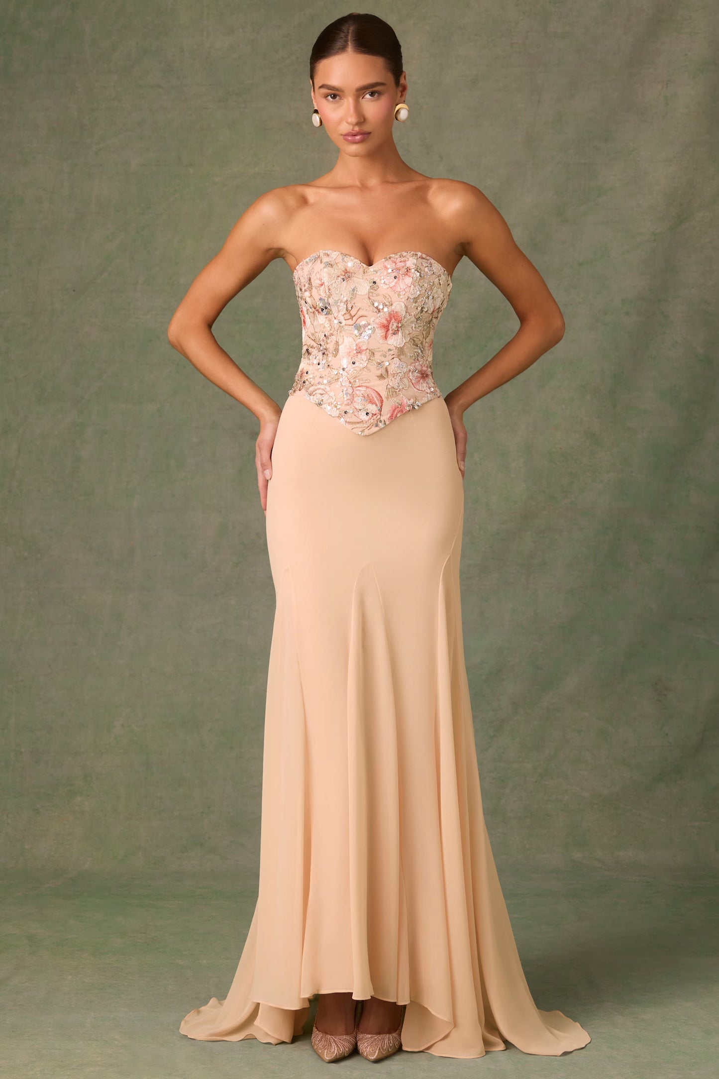Embellished Corset Fishtail Gown in Floral Beige