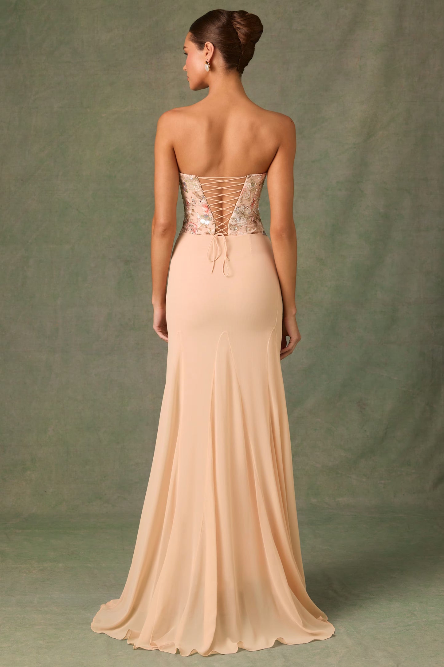 Embellished Corset Fishtail Gown in Floral Beige