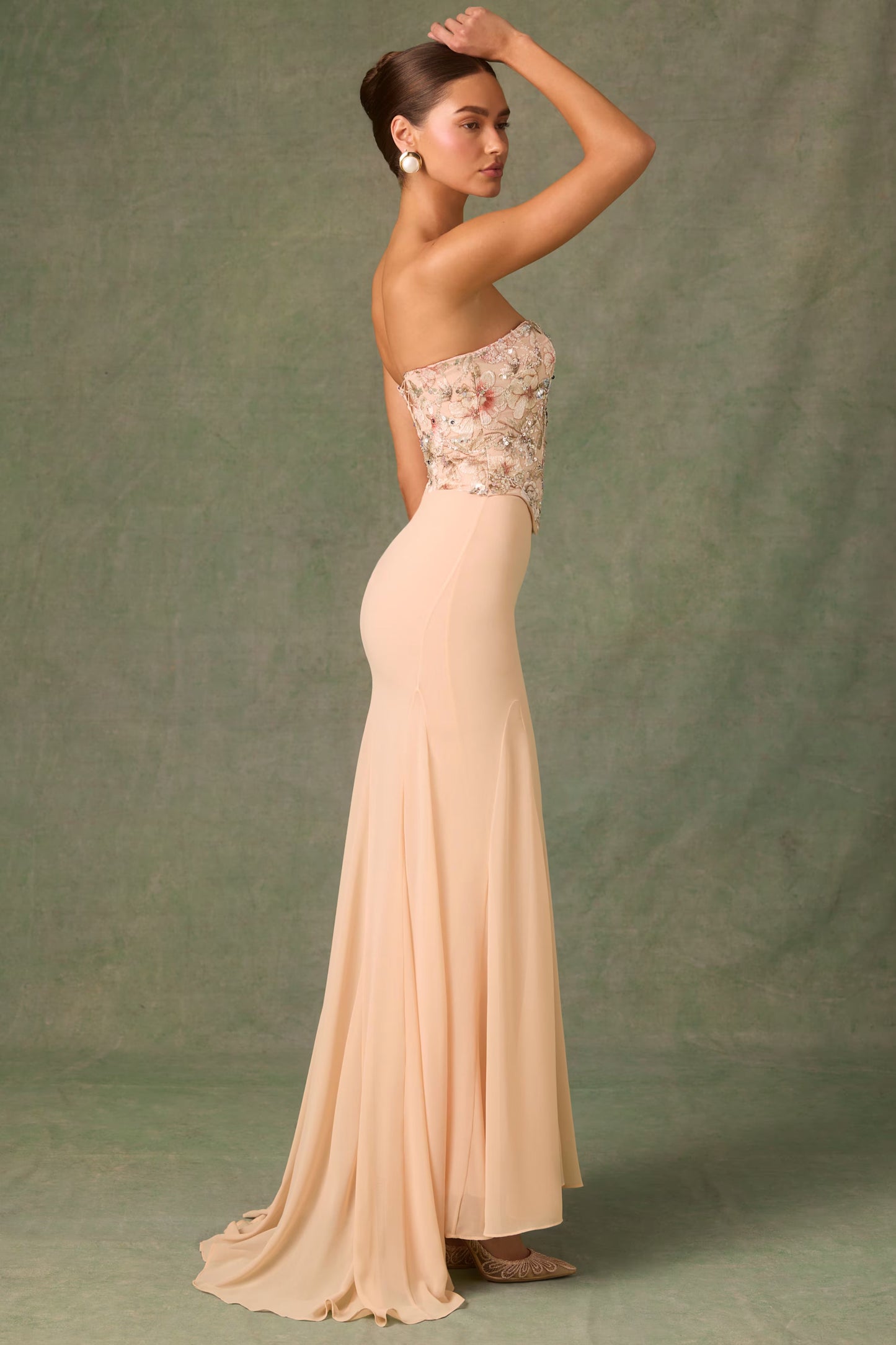 Embellished Corset Fishtail Gown in Floral Beige