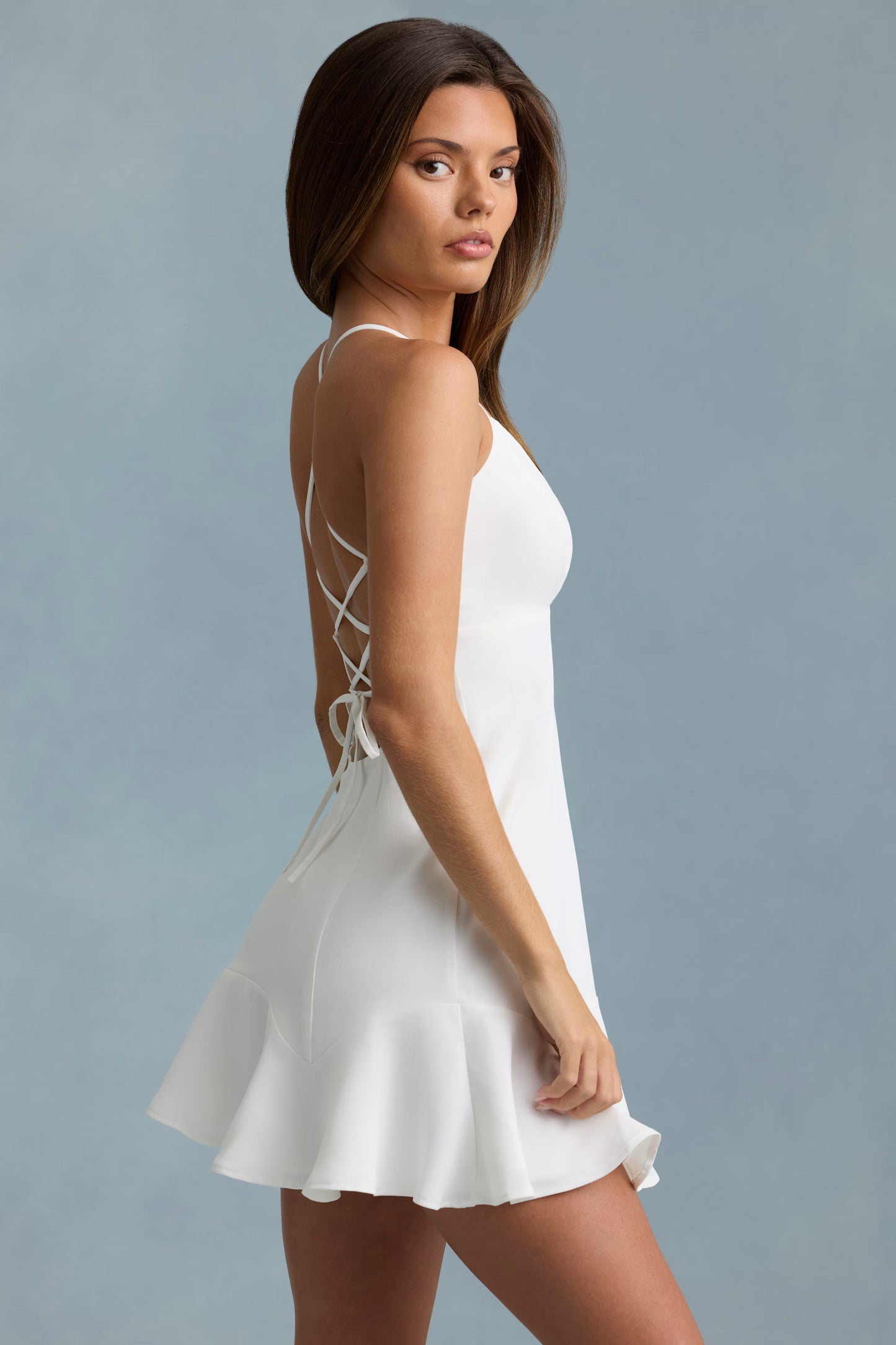 Drop-Waist Lace-Up Mini Dress in White