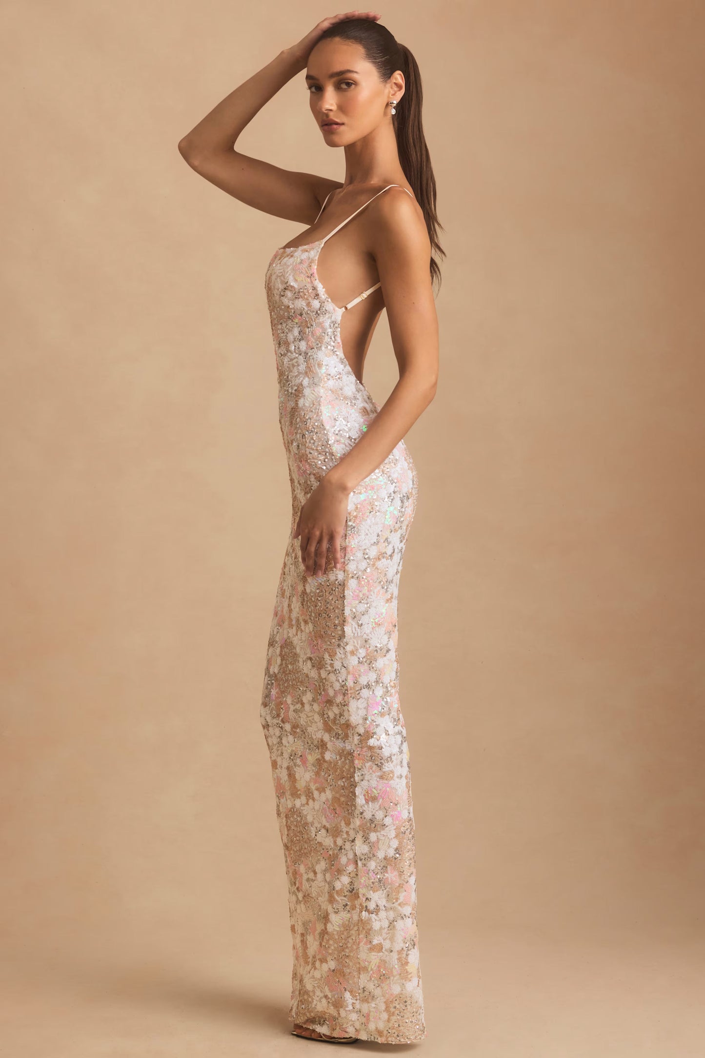 Embellished Scoop-Neck Backless Maxi Dress in Ivory