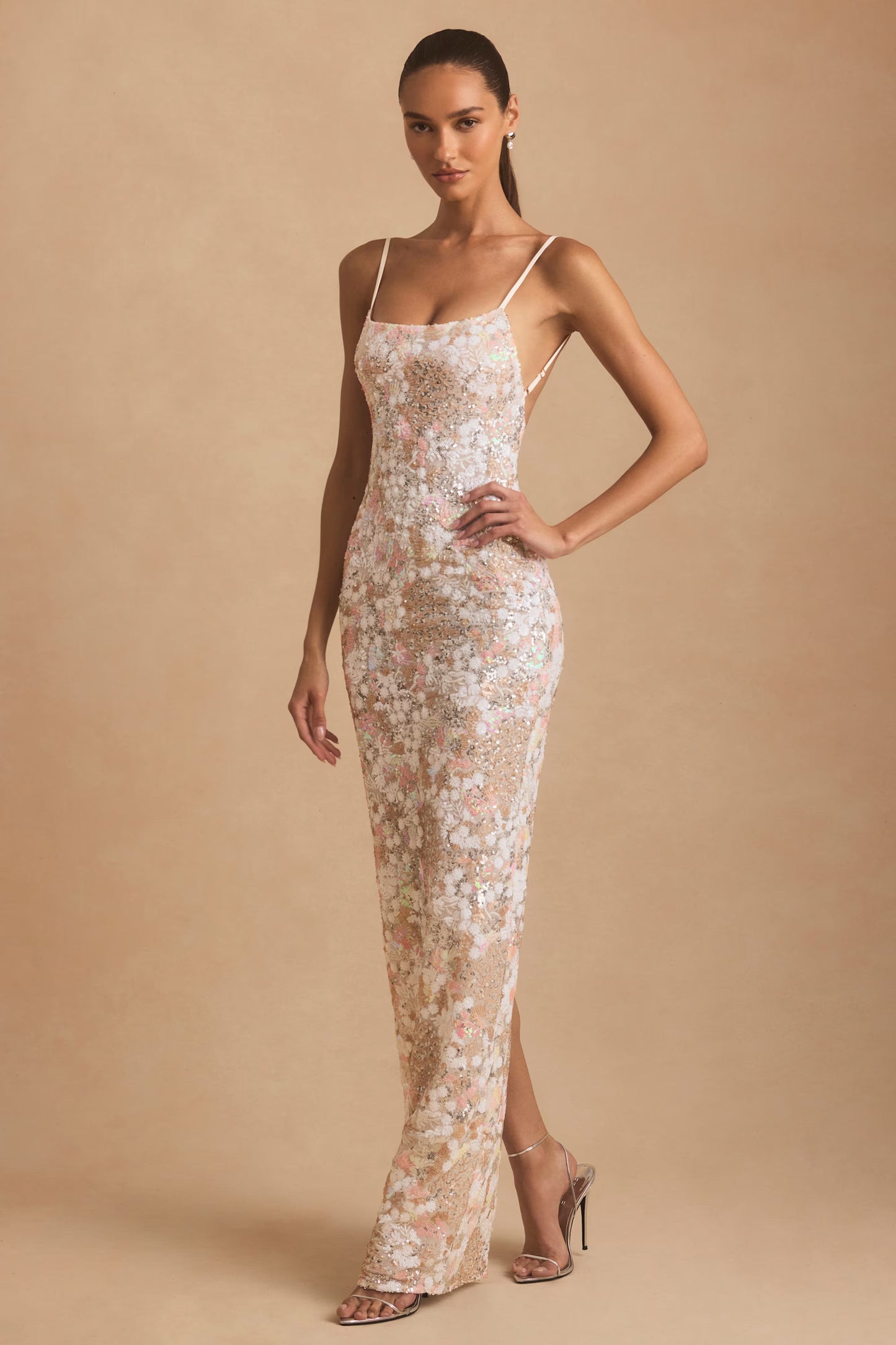 Embellished Scoop-Neck Backless Maxi Dress in Ivory