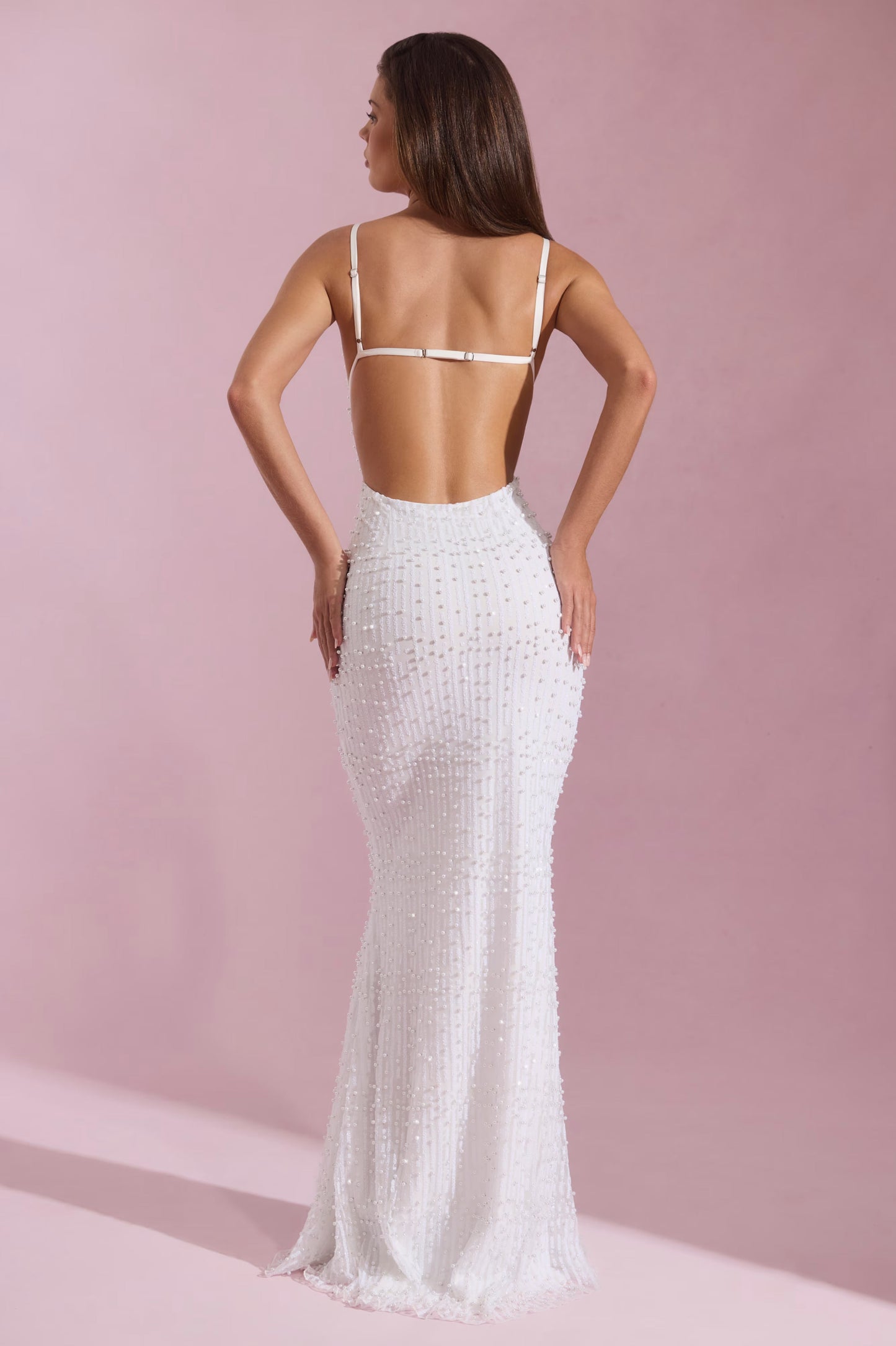 Embellished Cowl-Neck Backless Maxi Dress in White