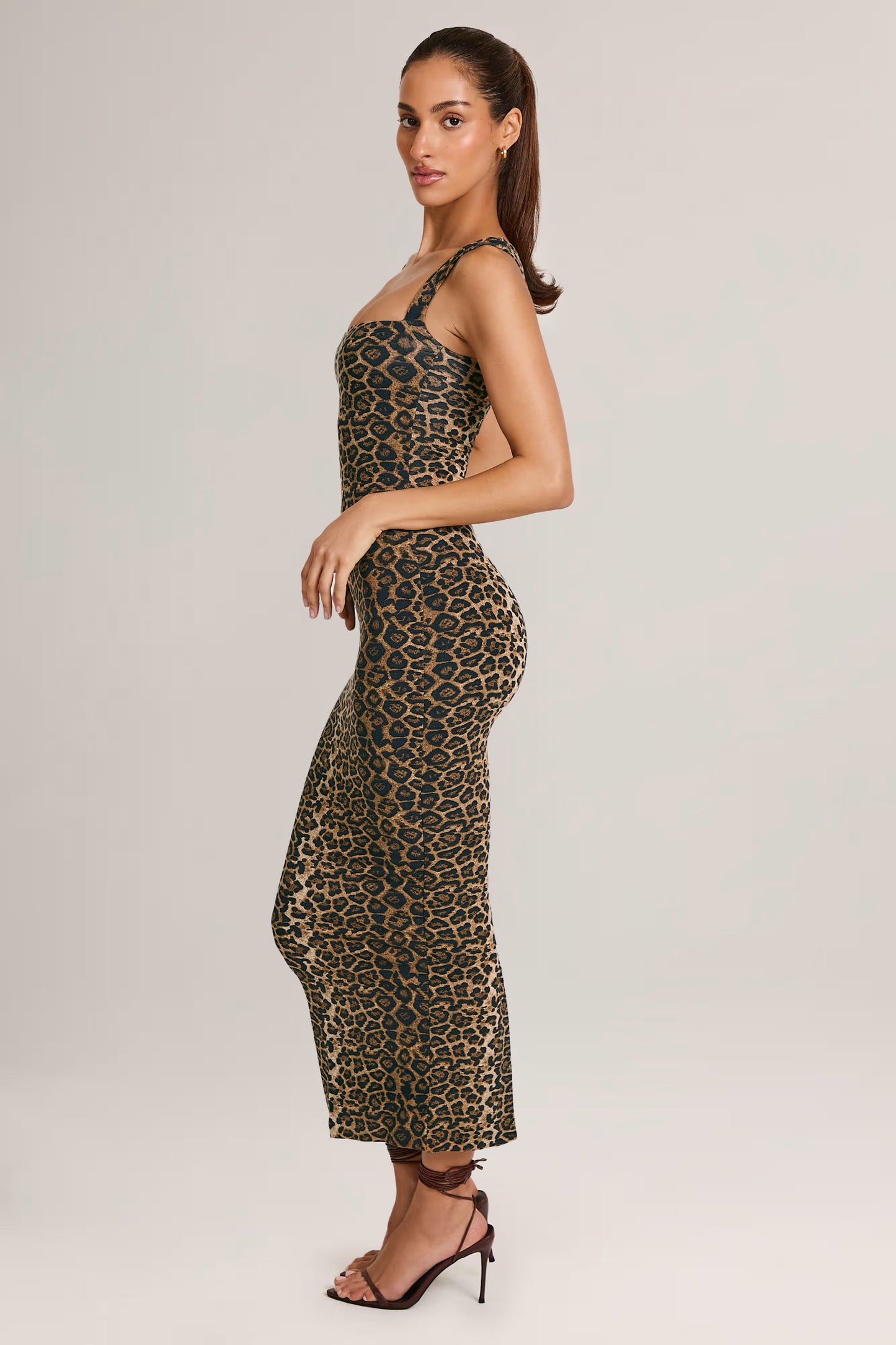 Modal Square-Neck Bodycon Midi Dress in Leopard Print