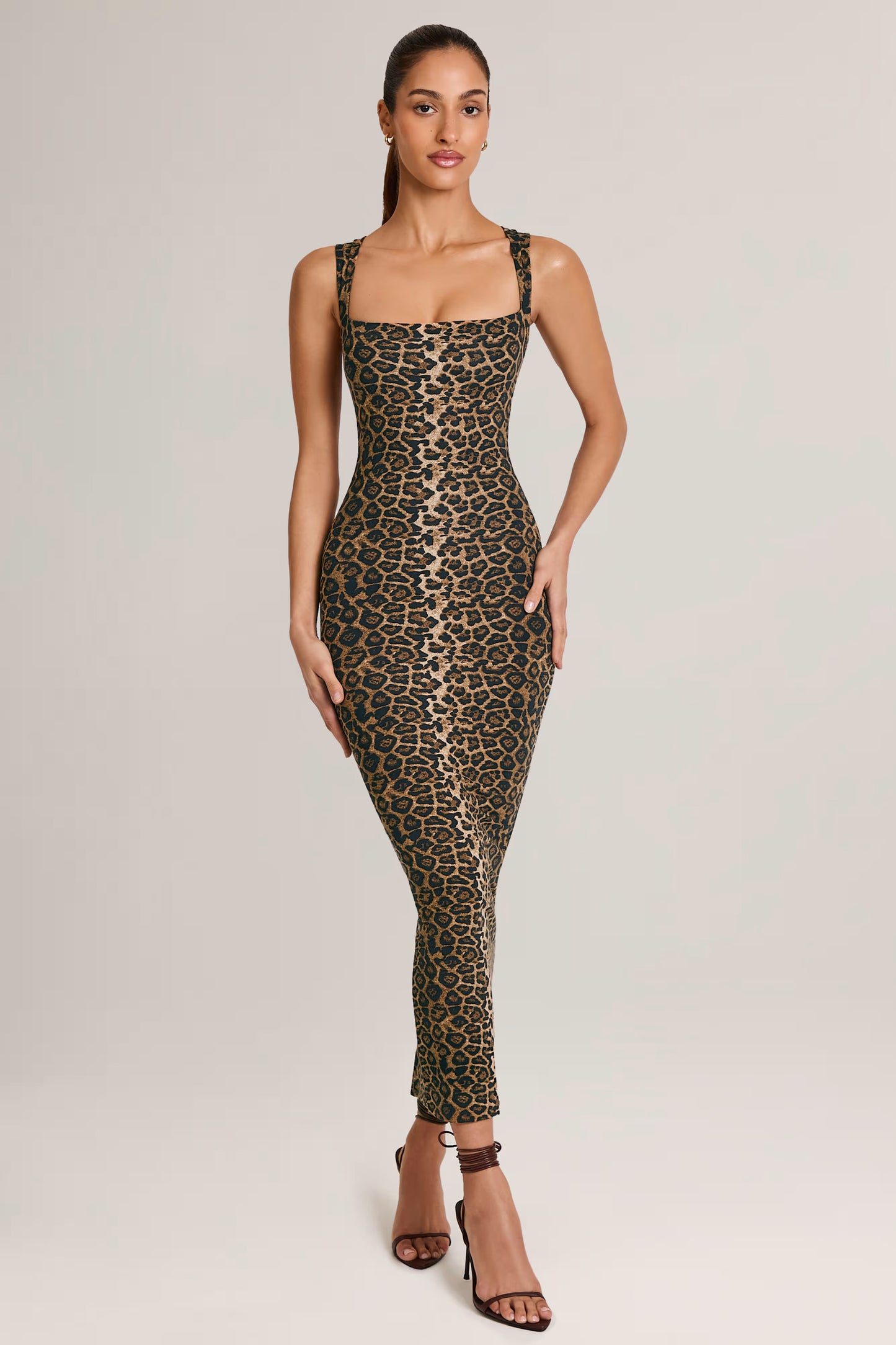 Modal Square-Neck Bodycon Midi Dress in Leopard Print