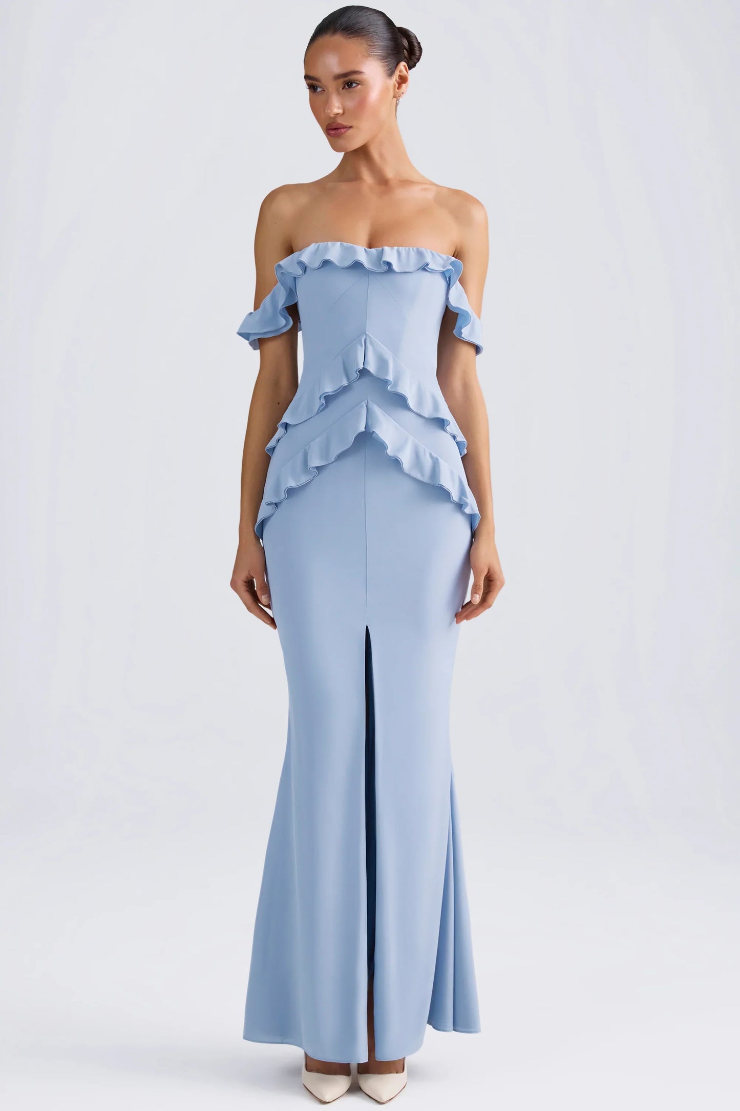 Off-Shoulder Ruffle-Trim Gown in Light Blue
