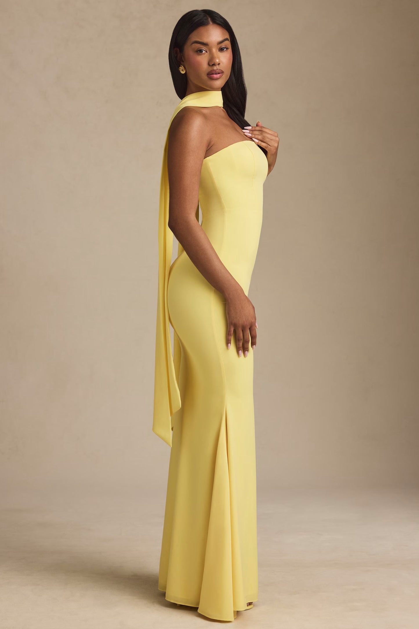 Scarf-Detail Strapless Gown in Pastel Yellow