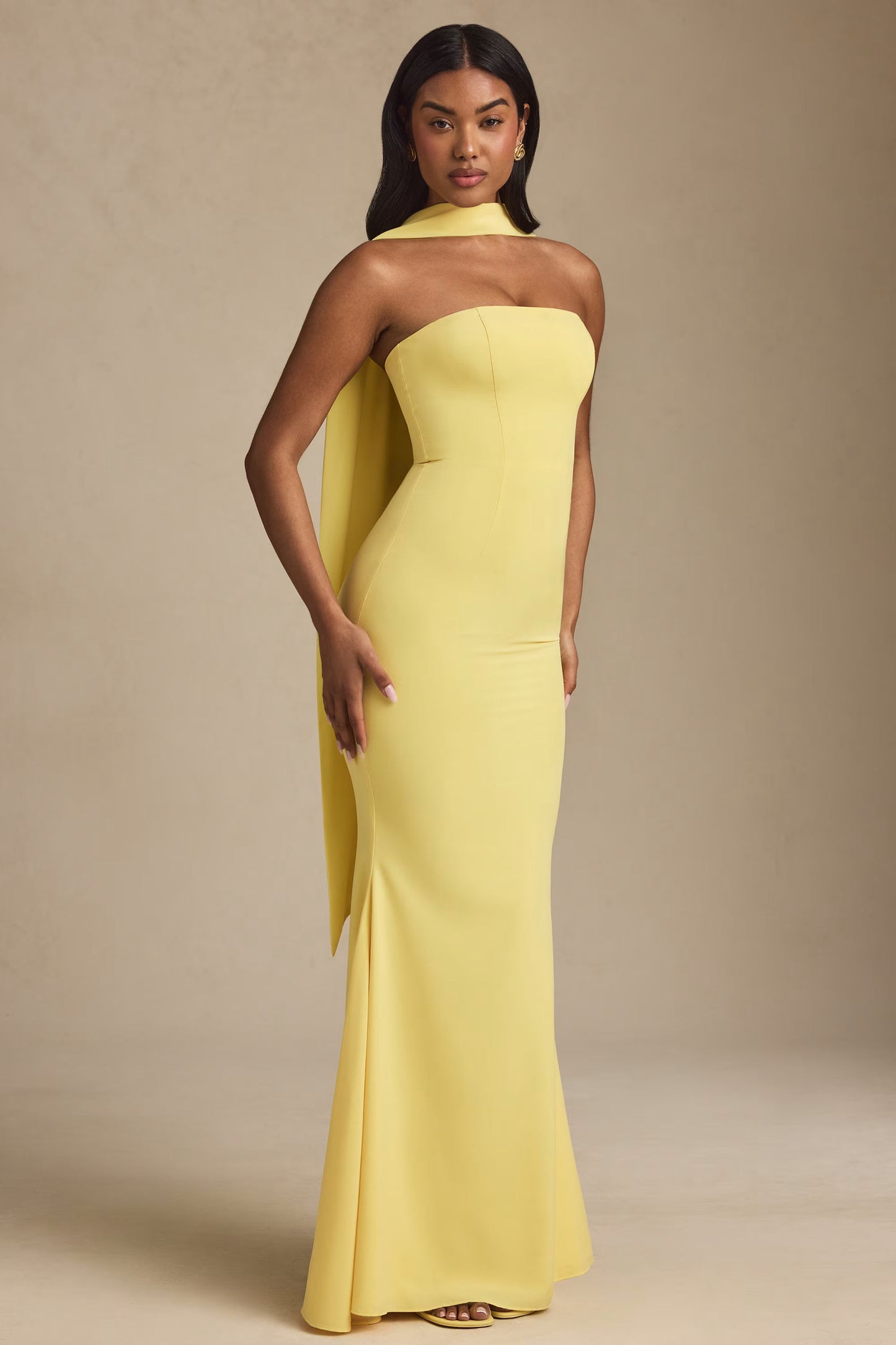 Scarf-Detail Strapless Gown in Pastel Yellow