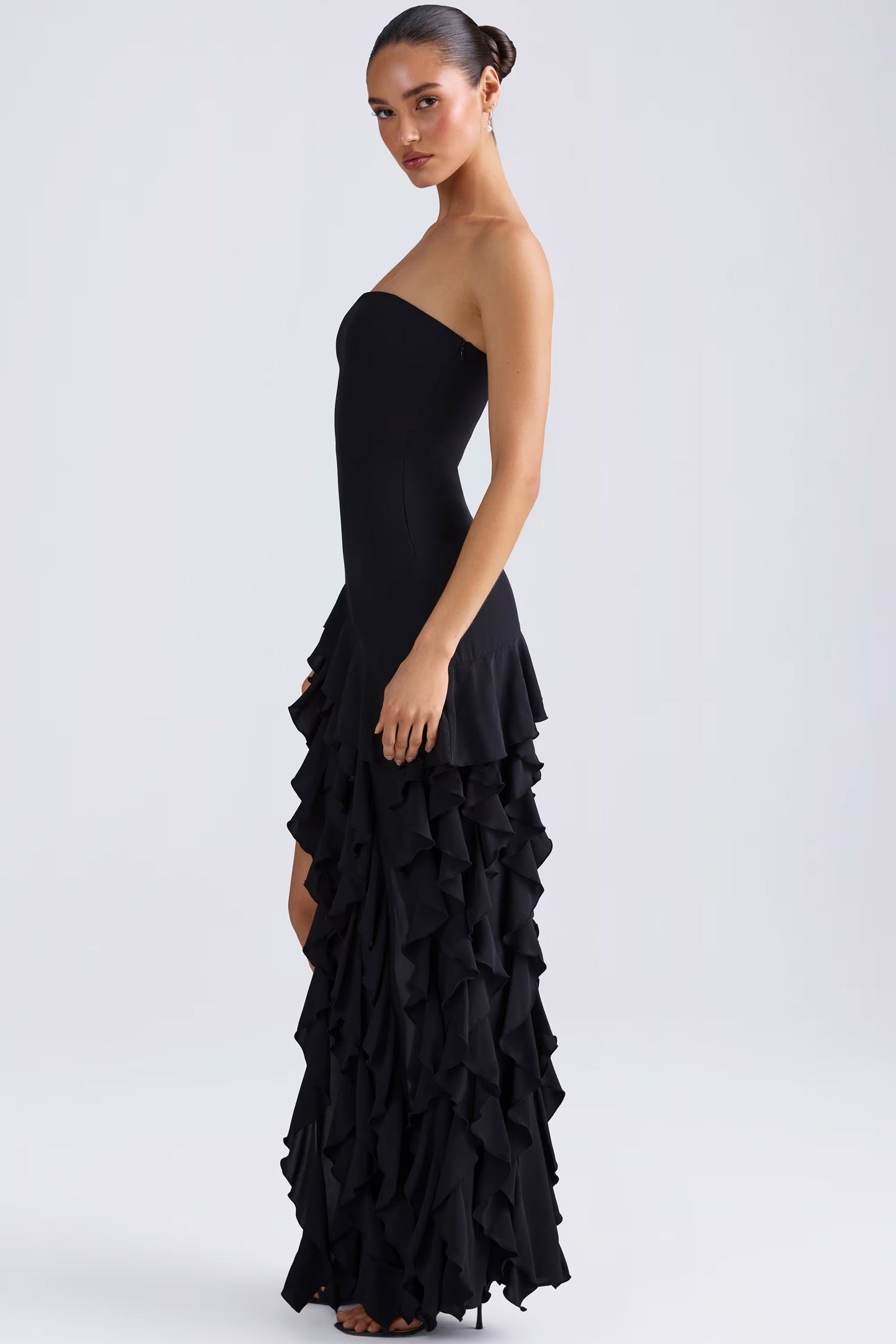 Ruffle-Trim Strapless Gown in Black