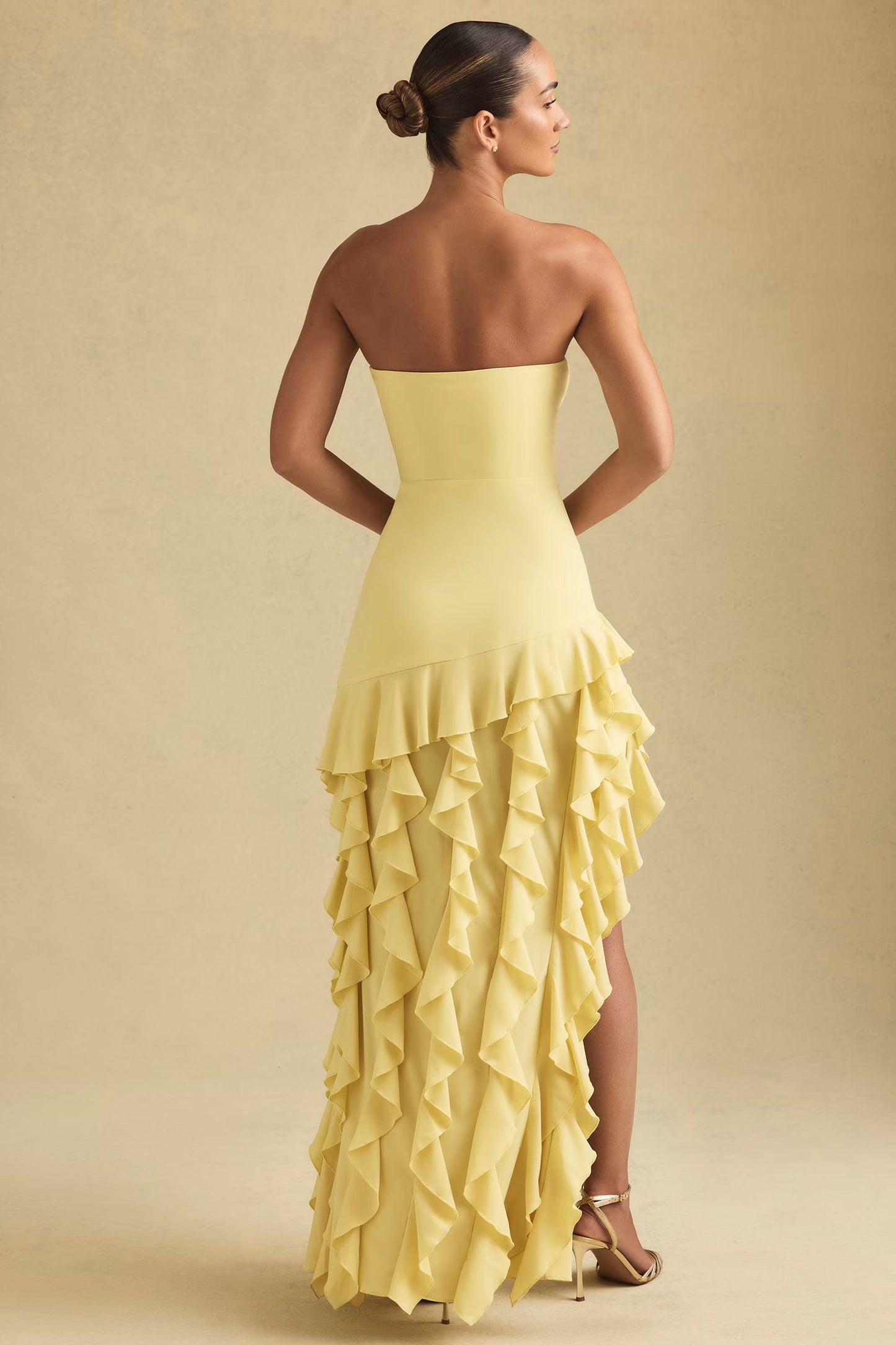Ruffle-Trim Strapless Gown in Pastel Yellow